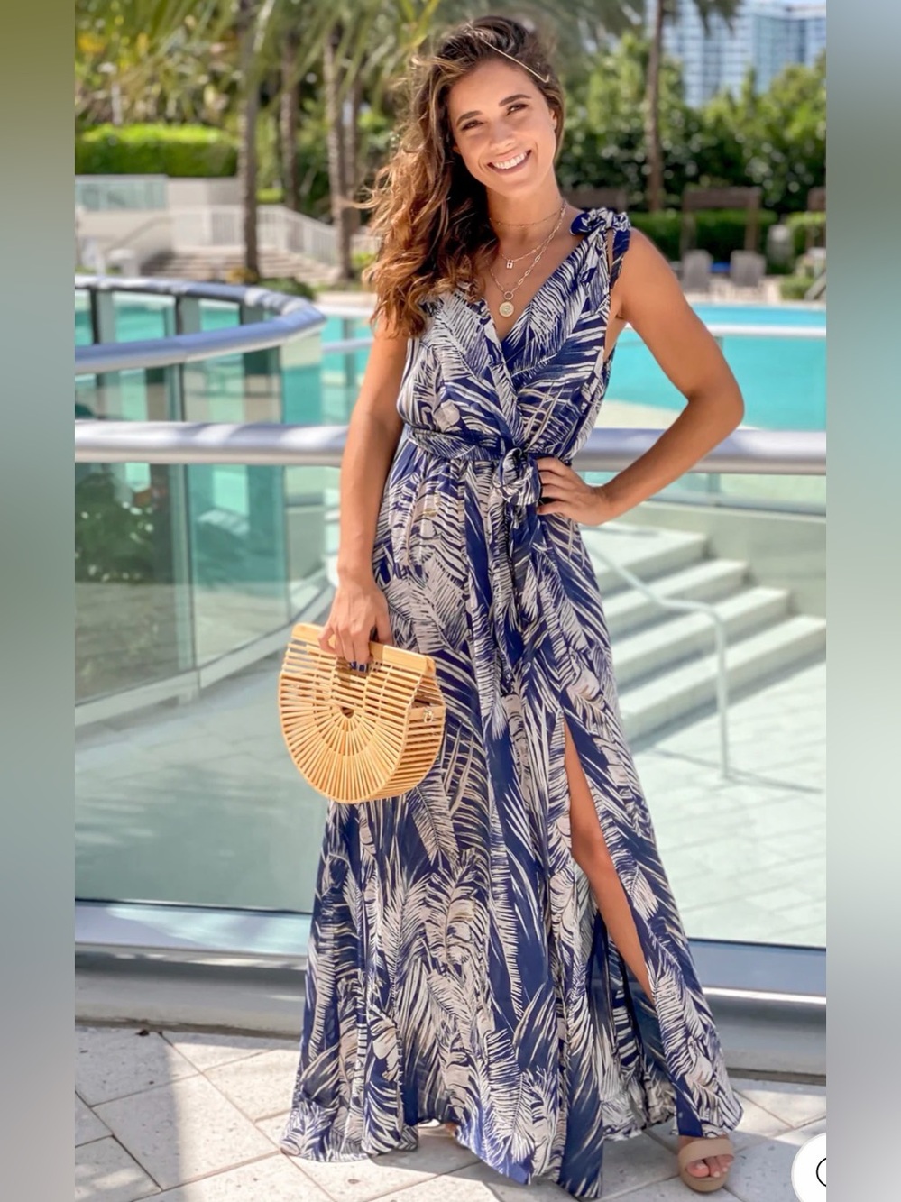 Saved by the Dress Boutique Sleeve - Navy Palm Maxi Dress with Tie Waist